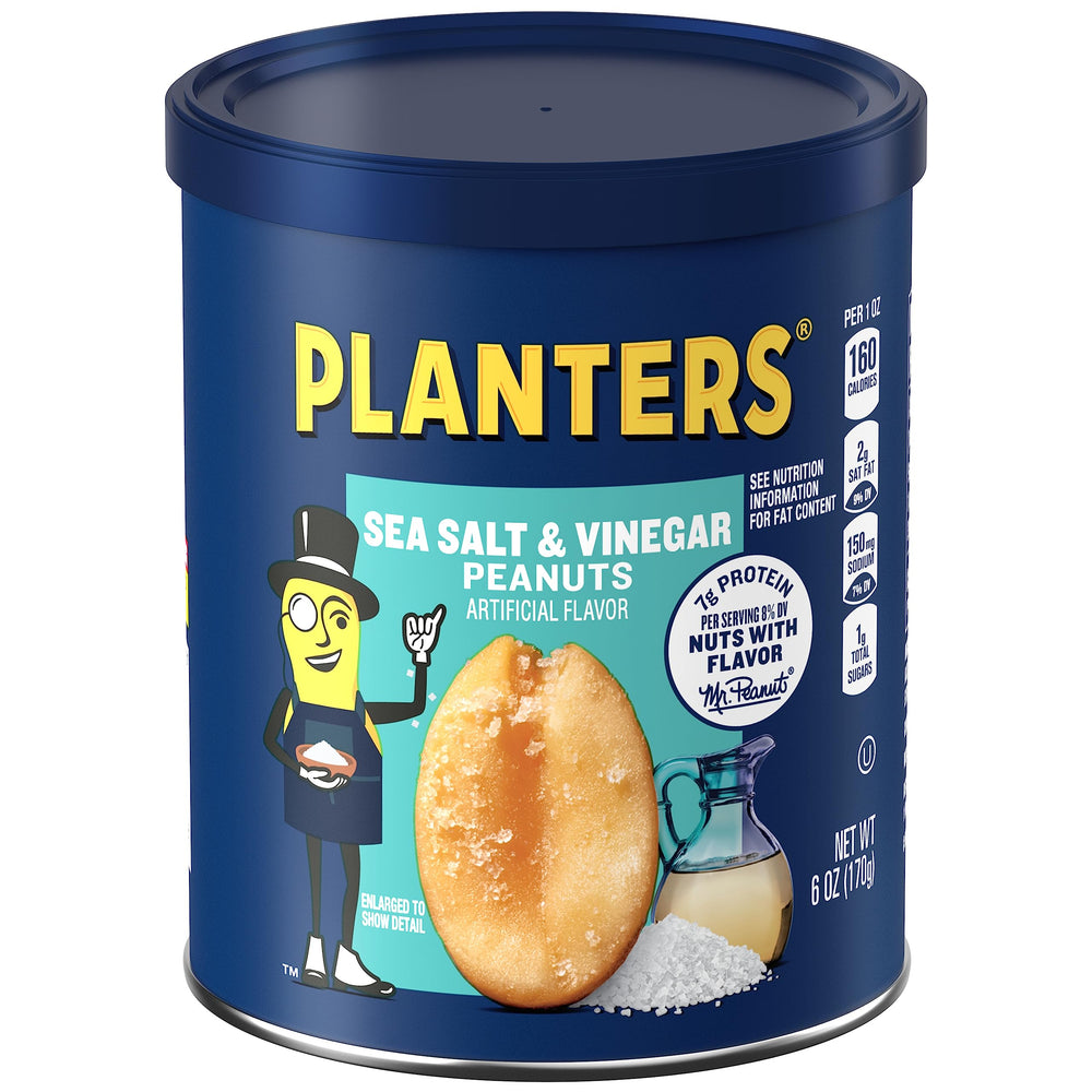 Planters sea salt & vinegar peanuts canister with savory crunch for quick, satisfying snacking.