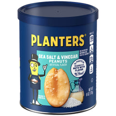 Planters sea salt & vinegar peanuts canister with savory crunch for quick, satisfying snacking.