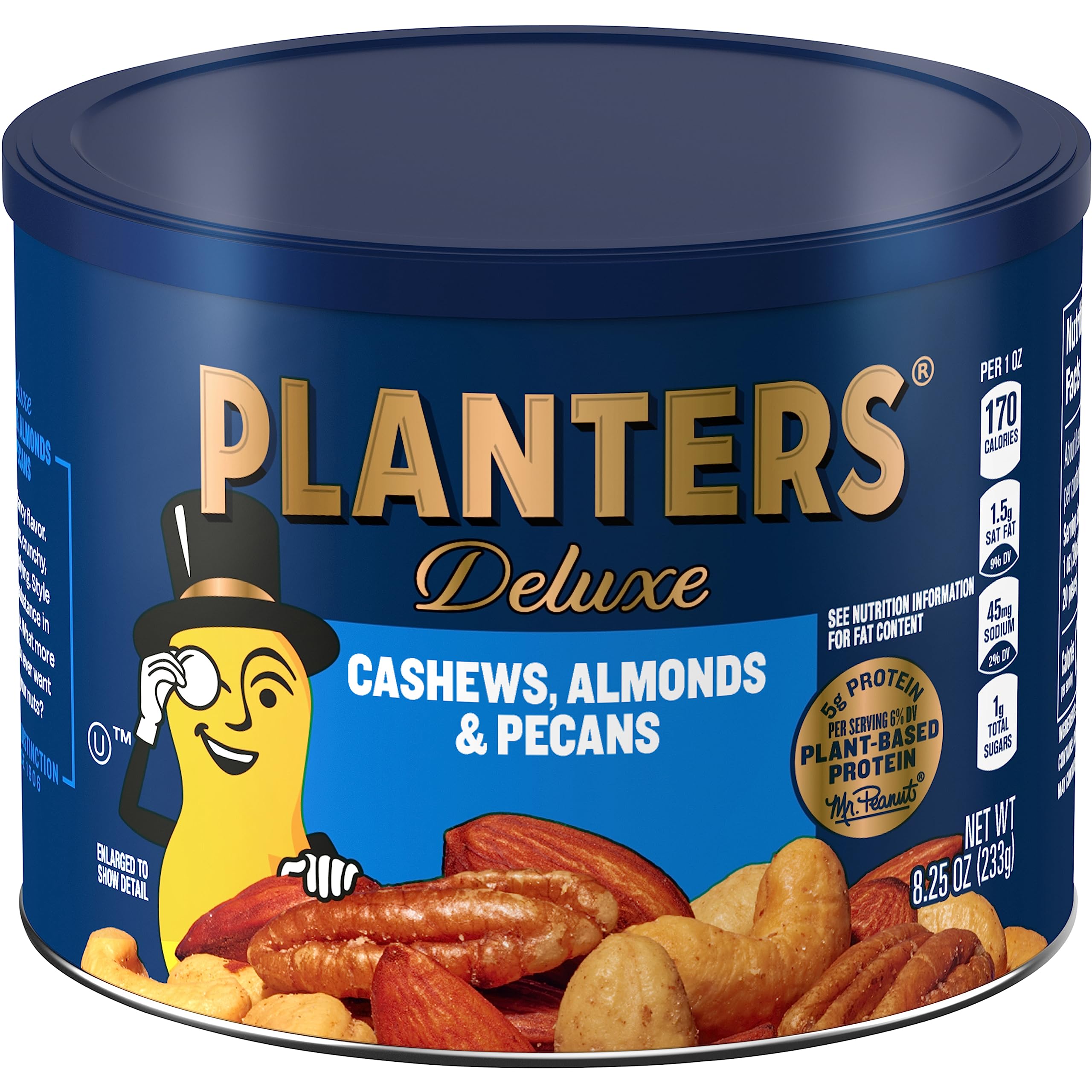 Planters Select Cashews Almonds Pecans canister with reseal lid preserves freshness.
