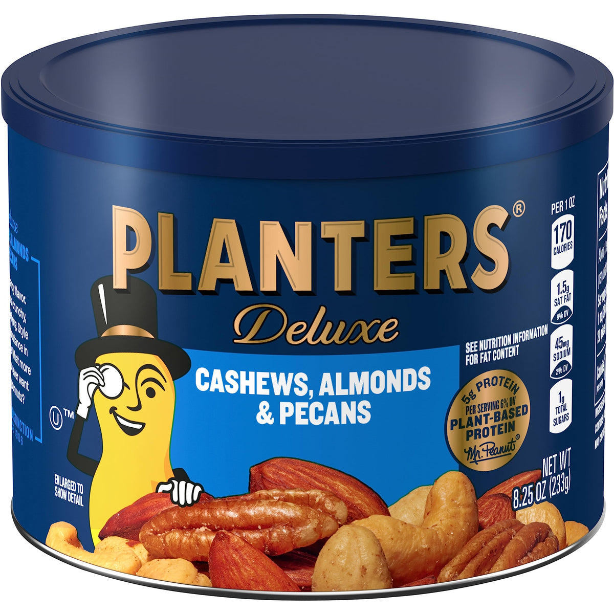 Planters Select Cashews Almonds Pecans canister with reseal lid preserves freshness.
