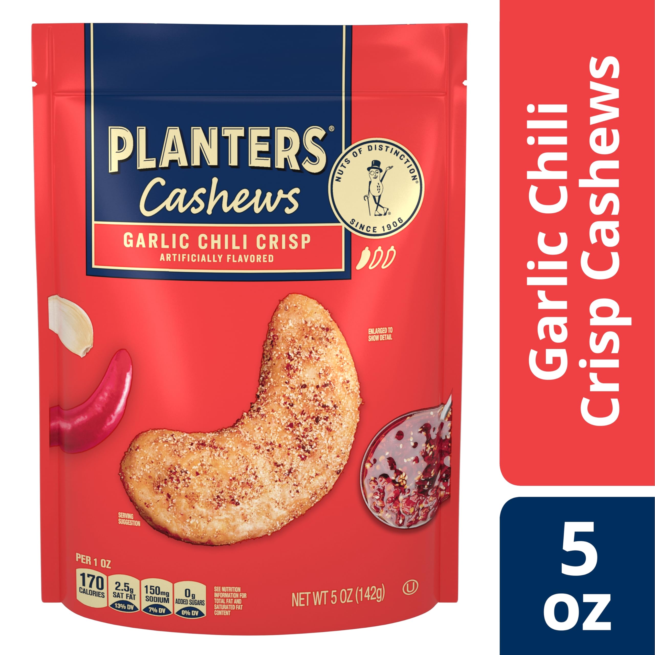 Planters Garlic Chili Crisp Cashews on a snack plate; perfect for parties.