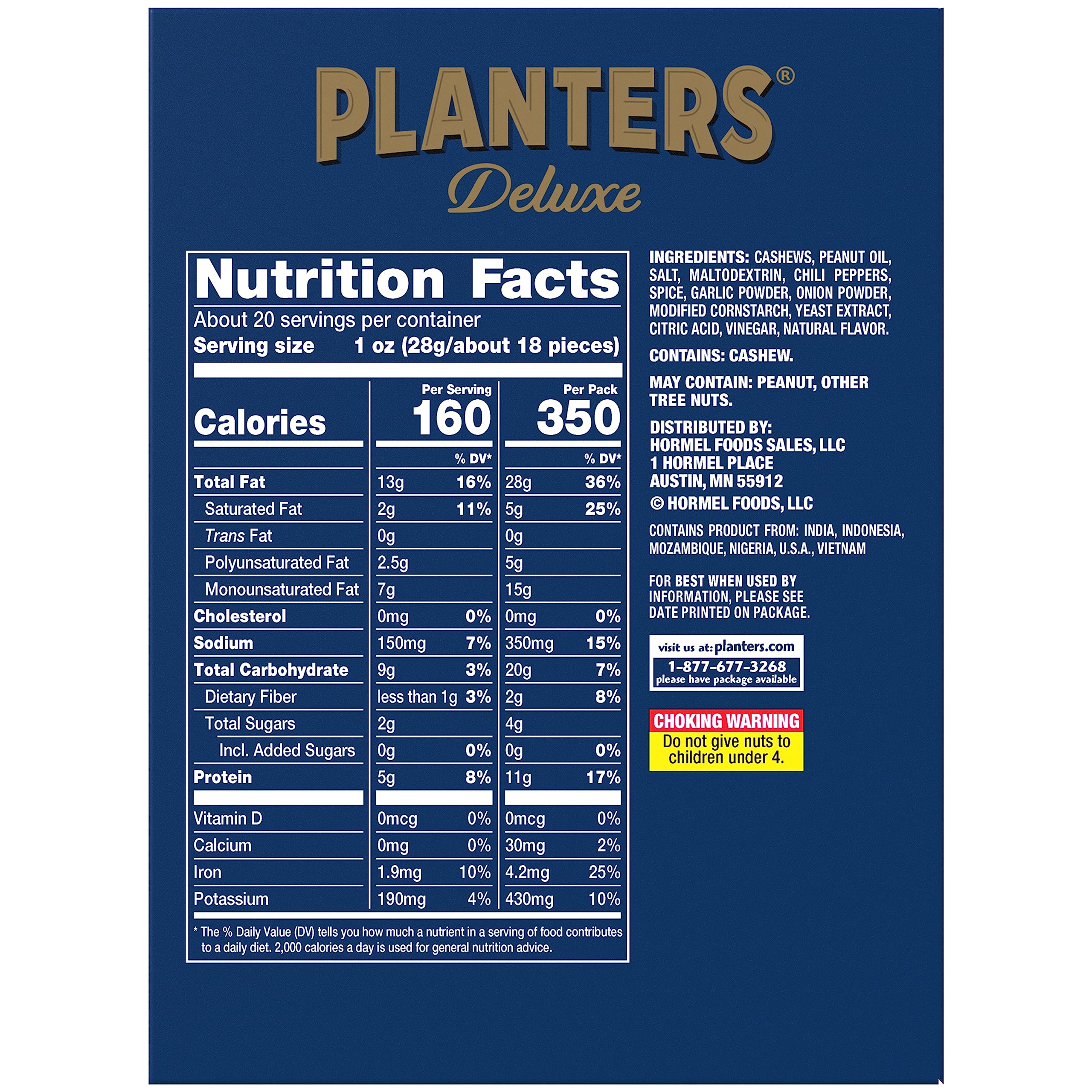 Planters Spicy Cajun Cashews pack back view shows convenient serving size for quick meals.