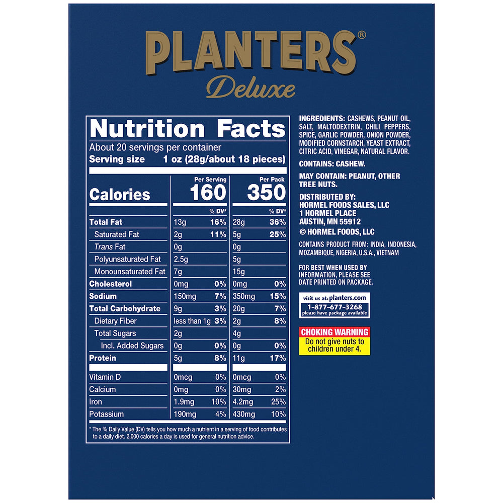 Planters Spicy Cajun Cashews pack back view shows convenient serving size for quick meals.