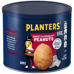 Planters Sweet N' Crunchy peanuts close-up can highlighting fresh seal and nutty aroma
