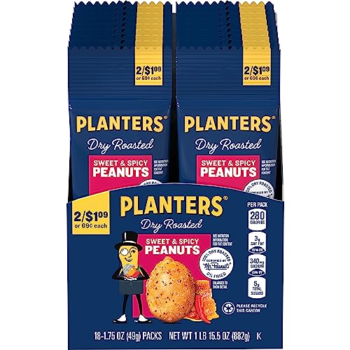 Planters Sweet & Spicy Peanuts on-the-go tote for convenient snack.