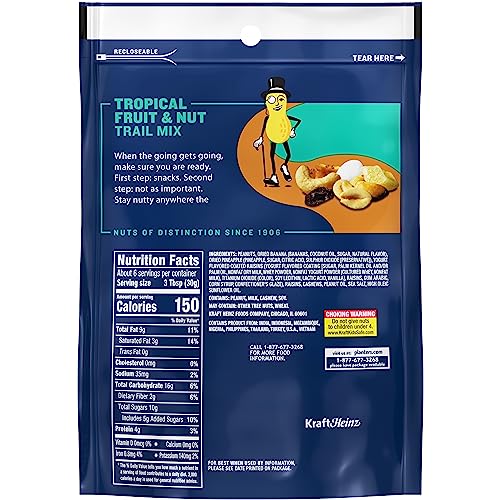 Planters Tropical Fruit and Nuts Trail Mix ingredients close up showing raisins and bananas.