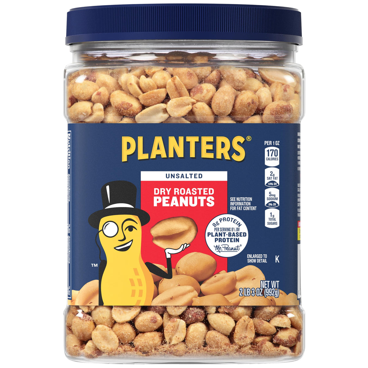 Planters unsalted dry roasted peanuts 35oz pack front, ideal for on-the-go snacking