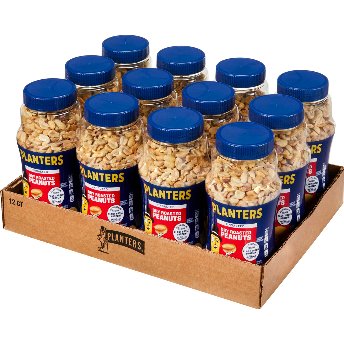 Planters Unsalted Dry Roasted Peanuts jar-front highlighting light, natural flavor for healthy snacking