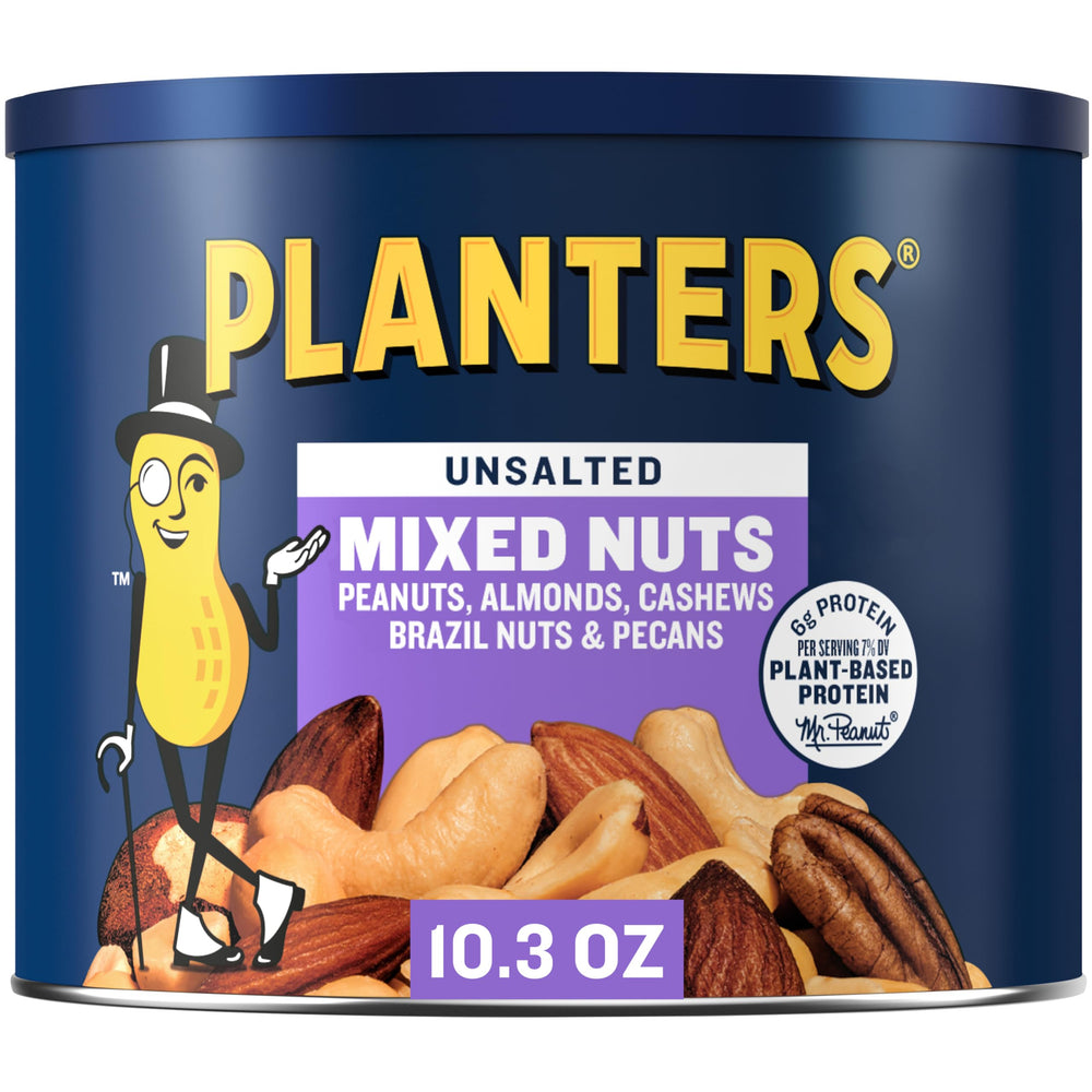 PLANTERS Unsalted Mixed Nuts canister close-up for fresh snacking anytime.