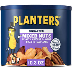 PLANTERS Unsalted Mixed Nuts canister close-up for fresh snacking anytime.