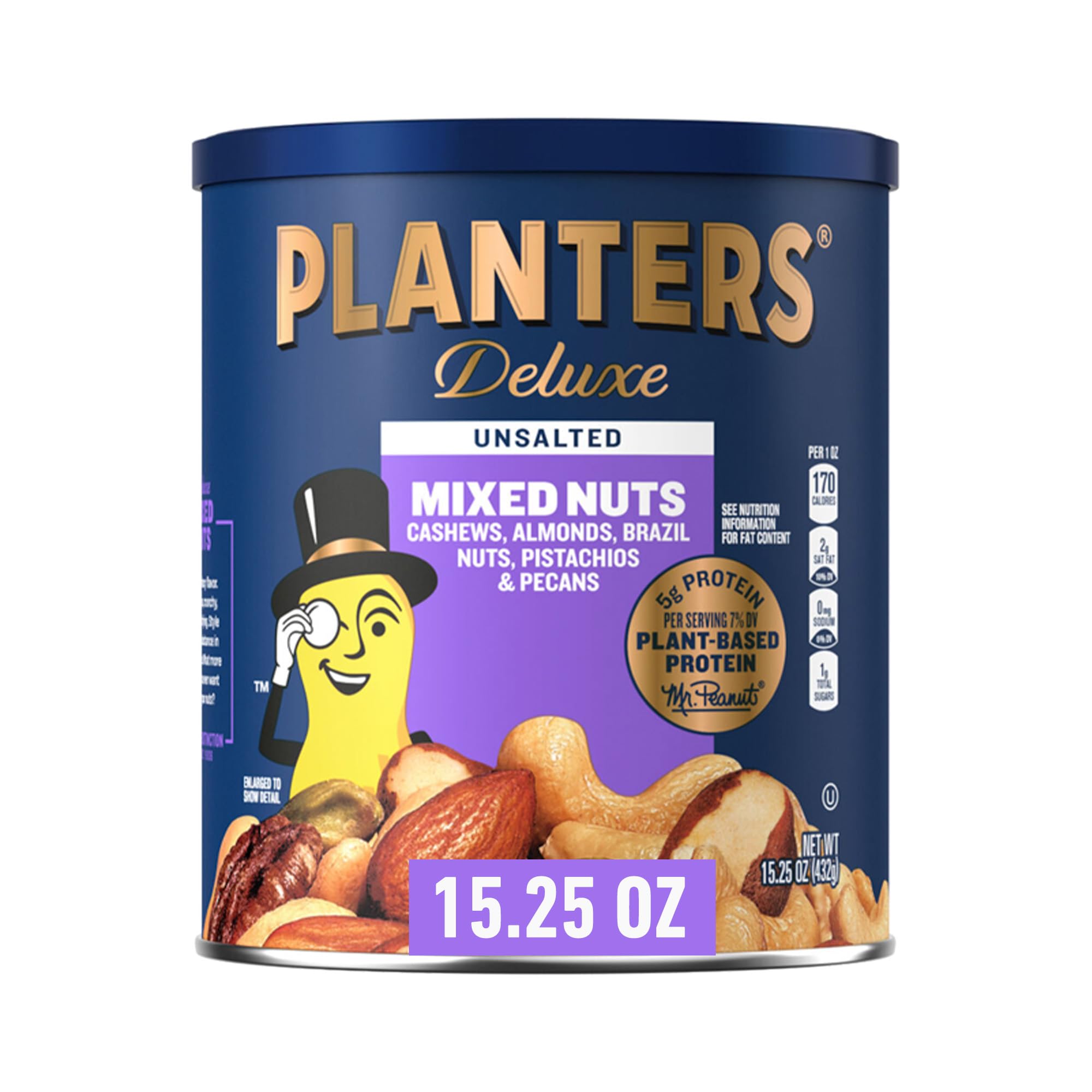 Planters unsalted mixed nuts canister front view, showcasing variety and freshness for gifting