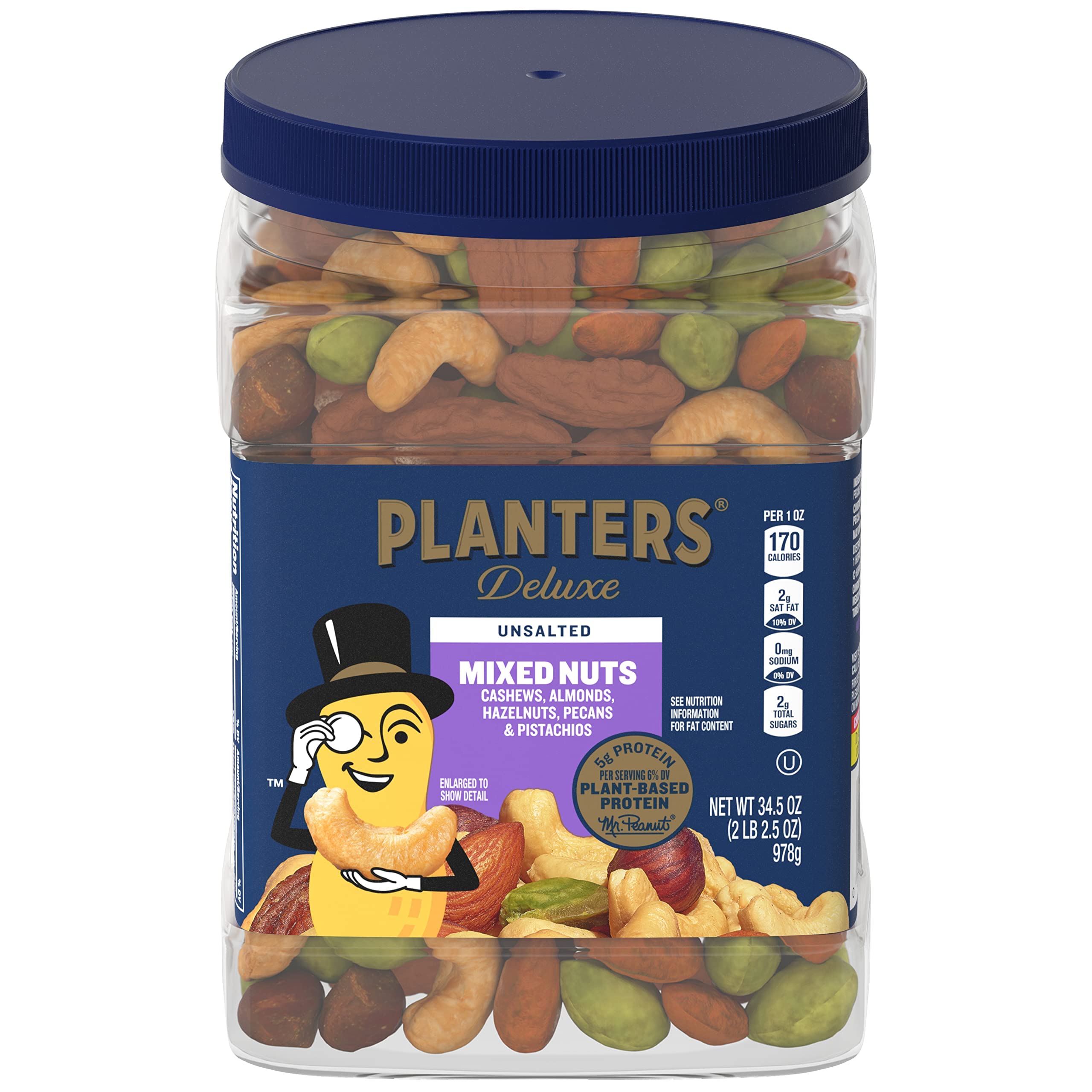 Planters Unsalted Premium Nuts jar with mixed nuts, ideal for on-the-go protein boosts.