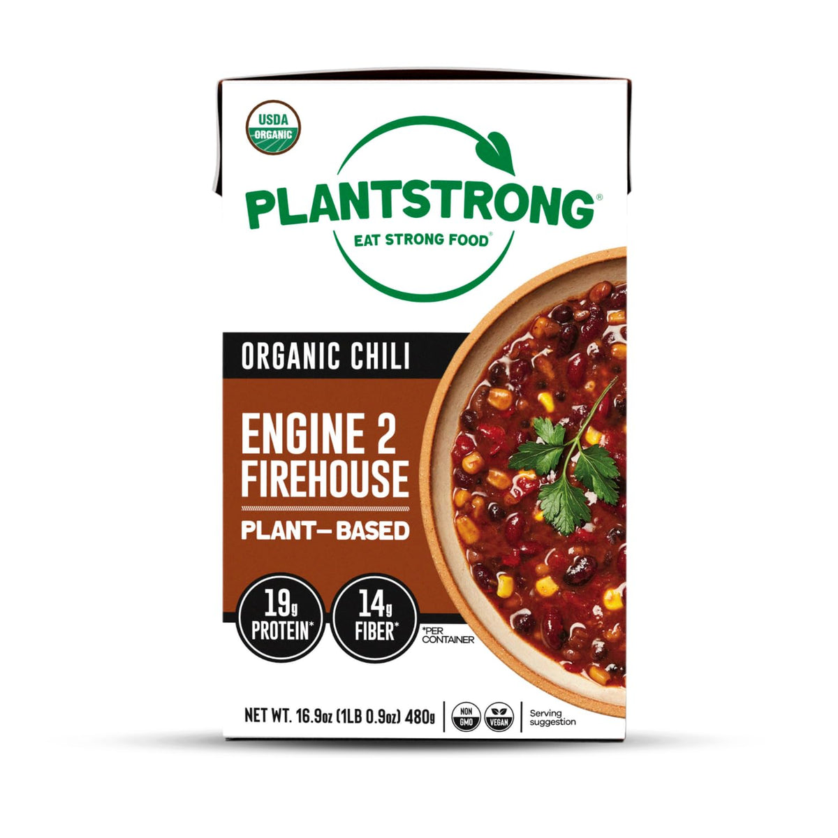 PLANTSTRONG Black Bean Chili serving cup for quick, protein-rich weeknight meals.
