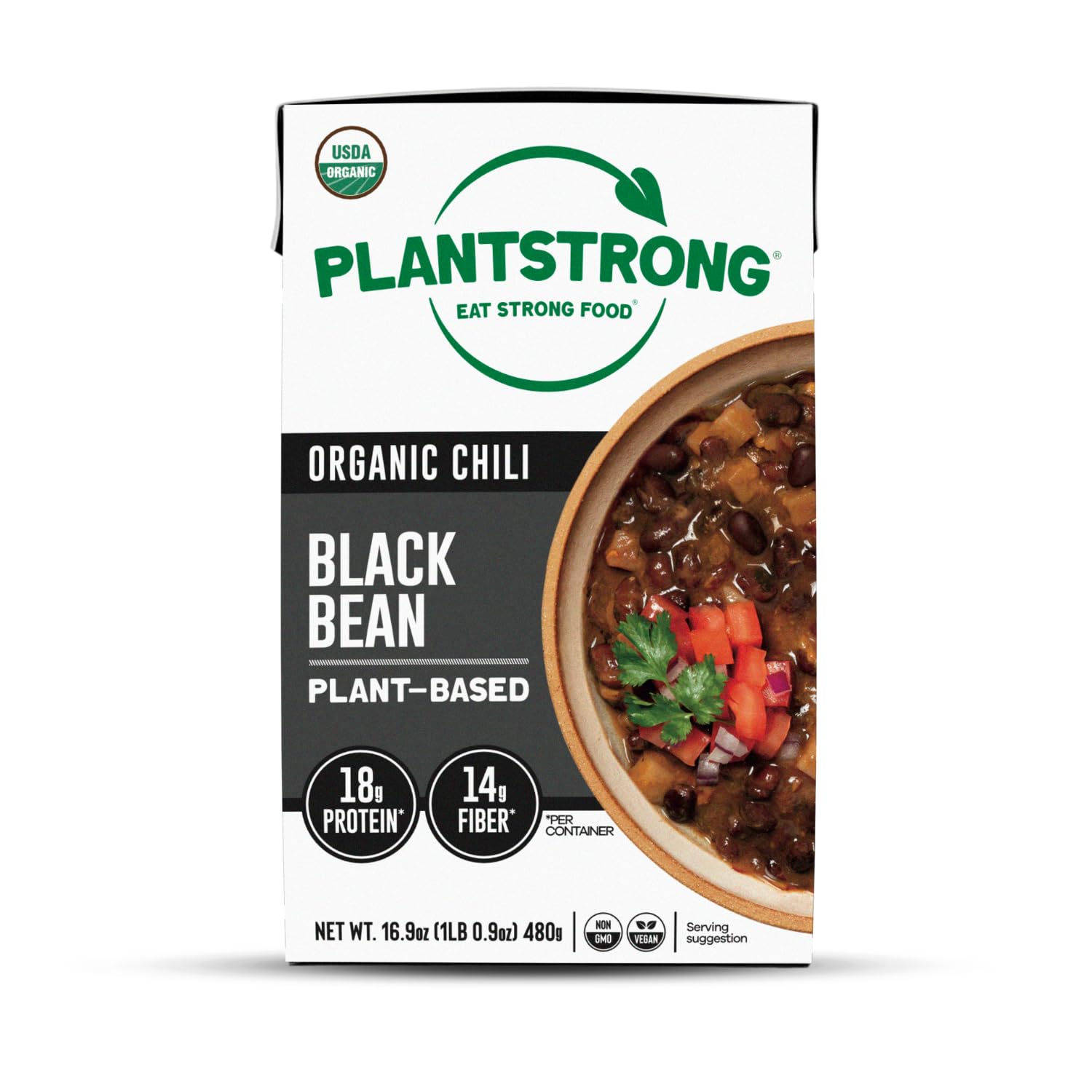 PLANTSTRONG Black Bean Chili can showing rich flavor and protein-rich meal option