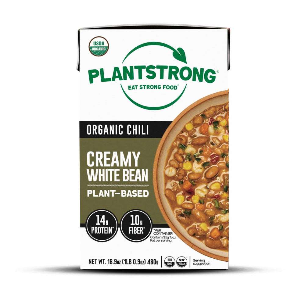 PLANTSTRONG Creamy White Bean Chili in a bowl, ready for quick, protein-rich meals.