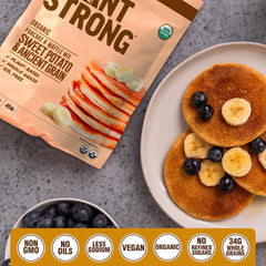 Plant-Strong light-crisped pancakes cooking with even edges.