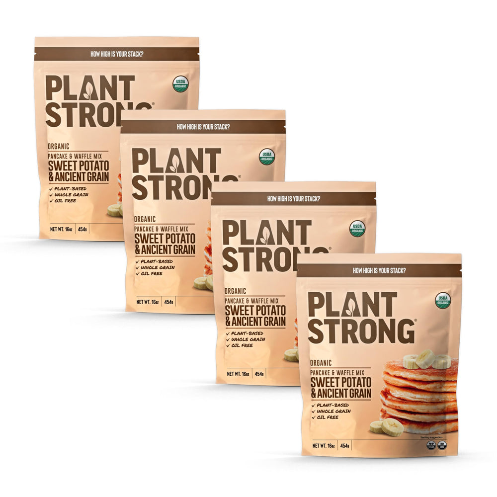 Plant-Strong Sweet Potato and Ancient Grain pancake stack, quick plant-based breakfast option.