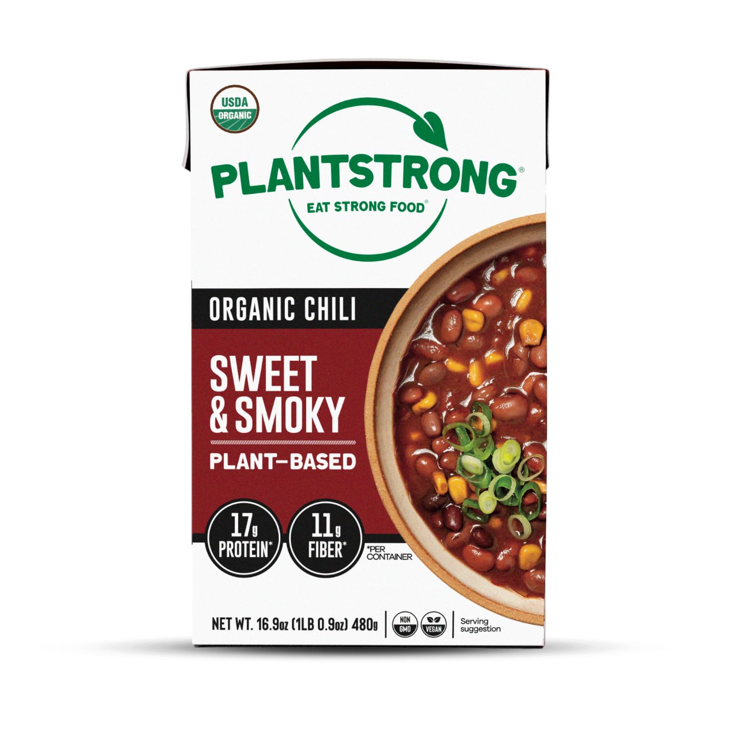 PLANTSTRONG Sweet and Smoky Chili can front, ready-to-heat plant-based meal.