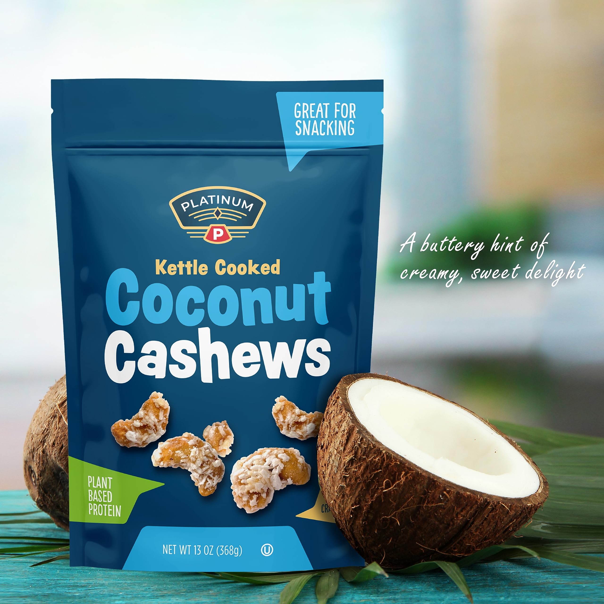 13-ounce resealable pouch of Platinum coconut cashews ideal for home, work, gym, and school