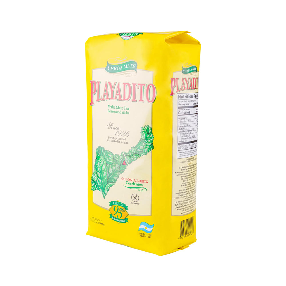 Playadito yerba mate bag close-up, highlights vitamins and antioxidants.