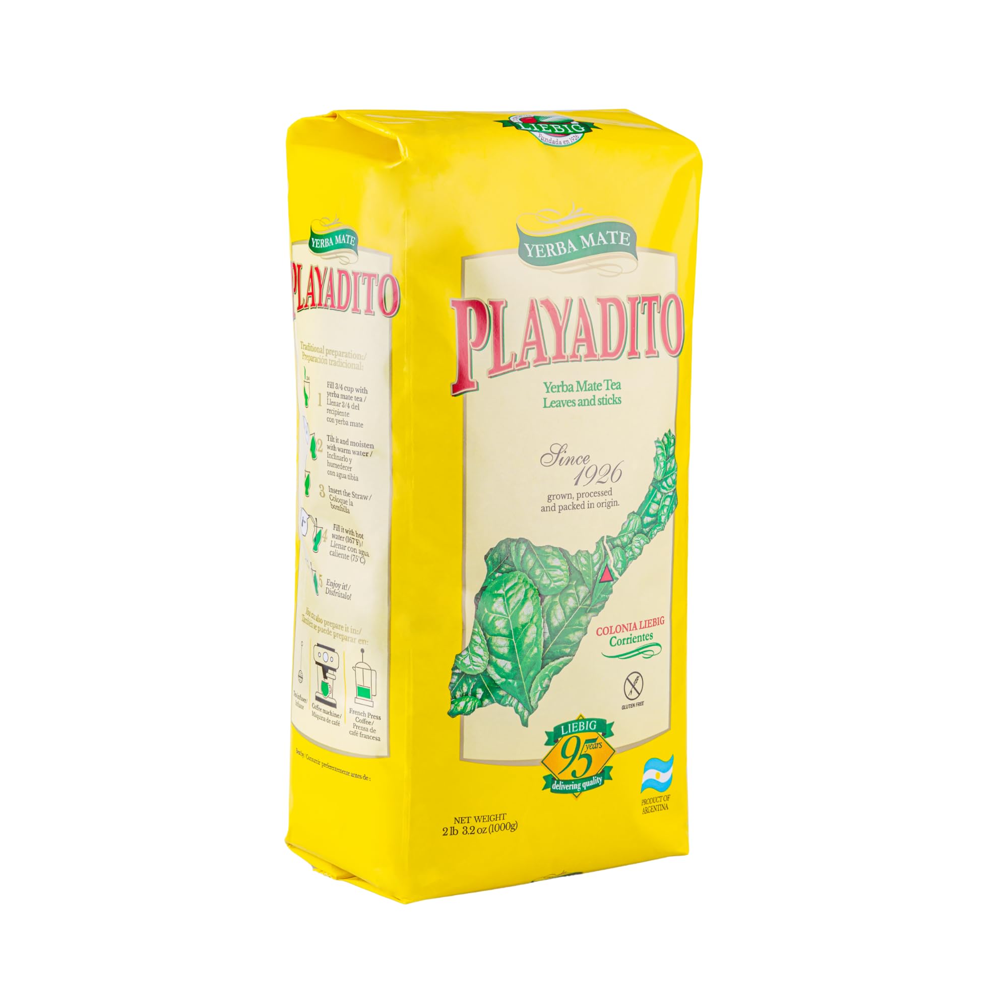 Playadito yerba mate latte cup display, versatile hot or cold brew.