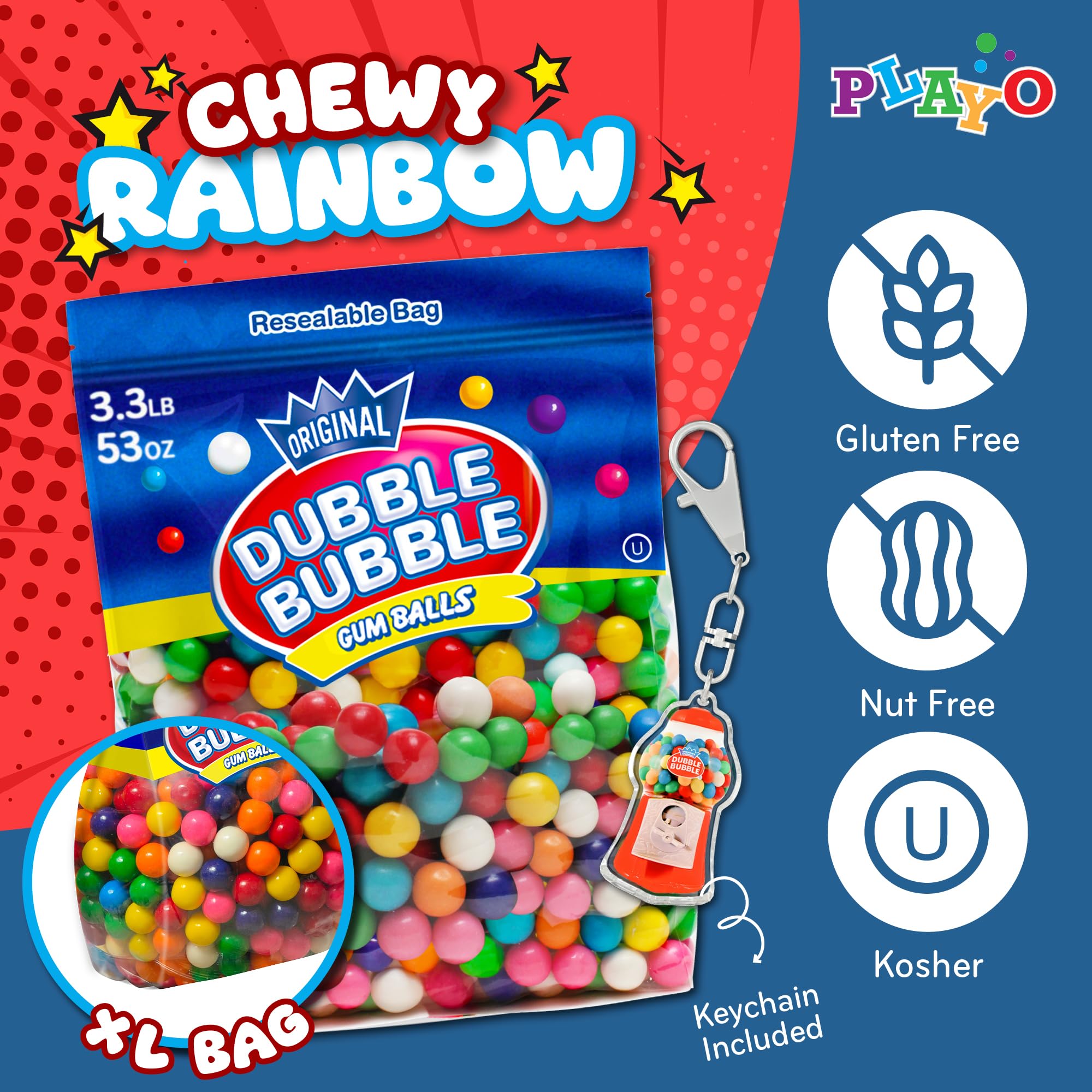 Playo Dubble Bubble kosher, peanut-free, gluten-free gumballs for diverse diets.