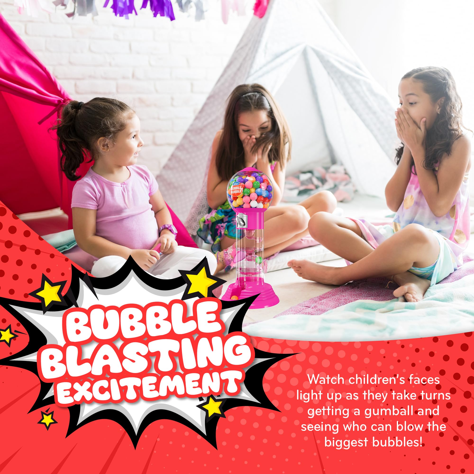 Includes 40 assorted fruit gumballs in bright, chewable flavors