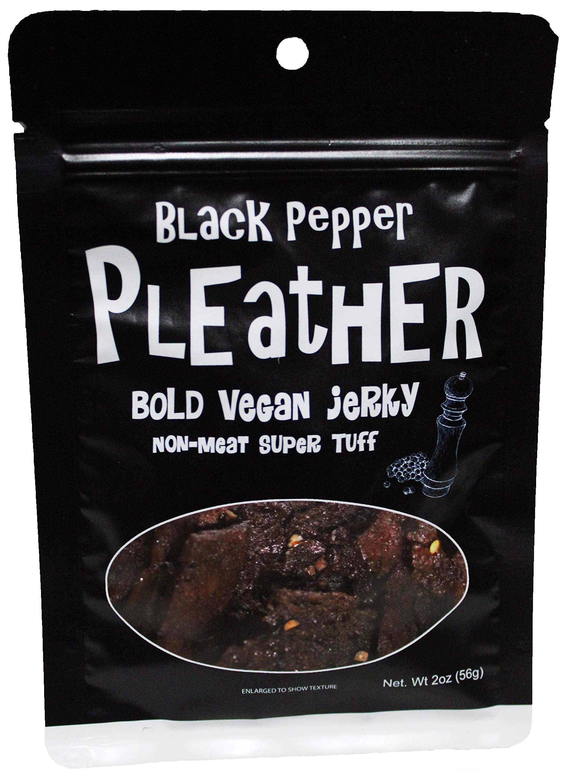 Pleather Black Pepper Jerky close-up highlighting bold seasoning for savory snacking.