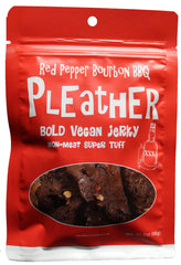 Pleather Red Pepper Bourbon BBQ Jerky bottle close-up highlights bold bourbon flavor for road trips