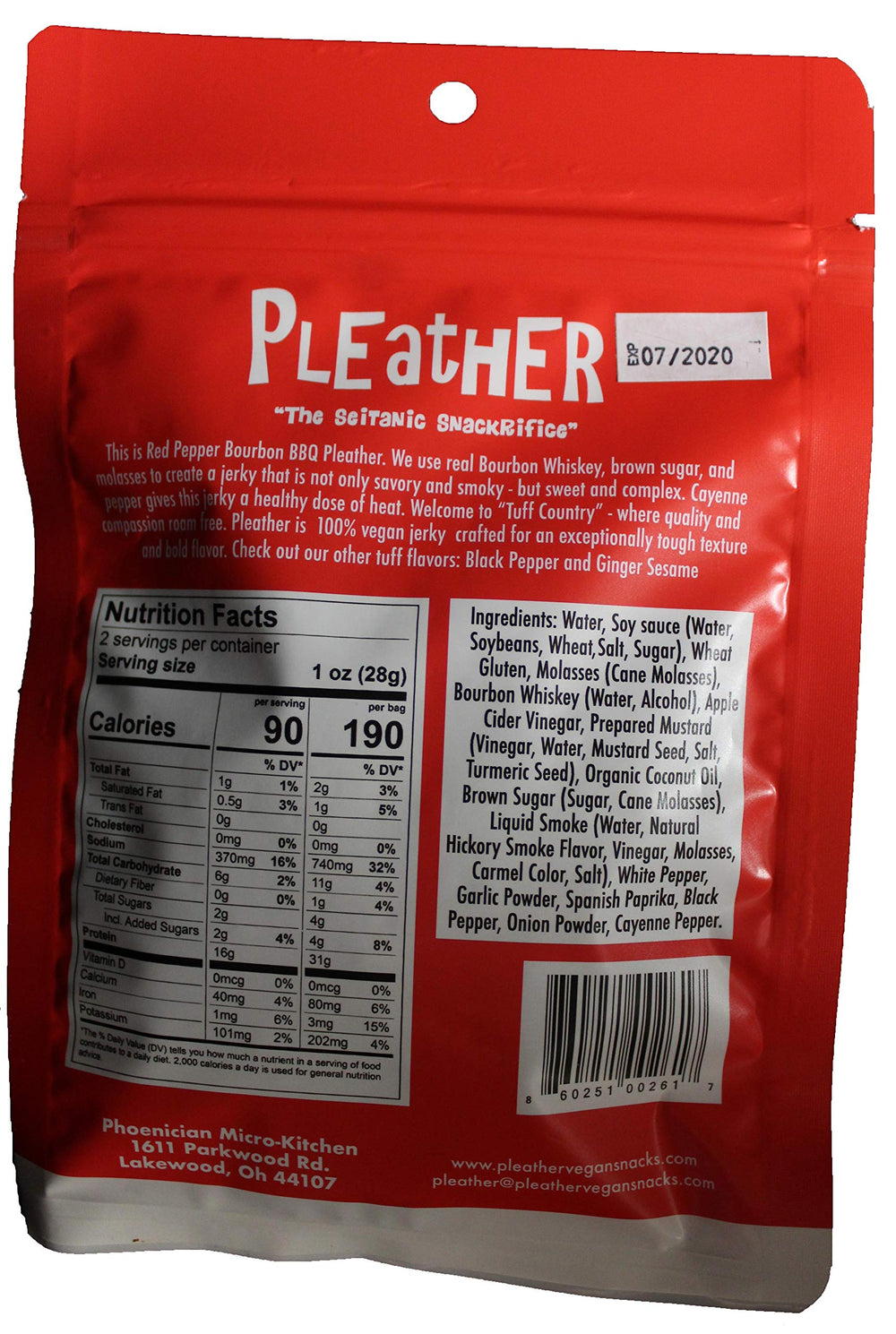 Pleather Red Pepper Bourbon BBQ Jerky pack shows chewy texture great for snacking on the go