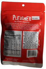 Pleather Red Pepper Bourbon BBQ Jerky pack shows chewy texture great for snacking on the go