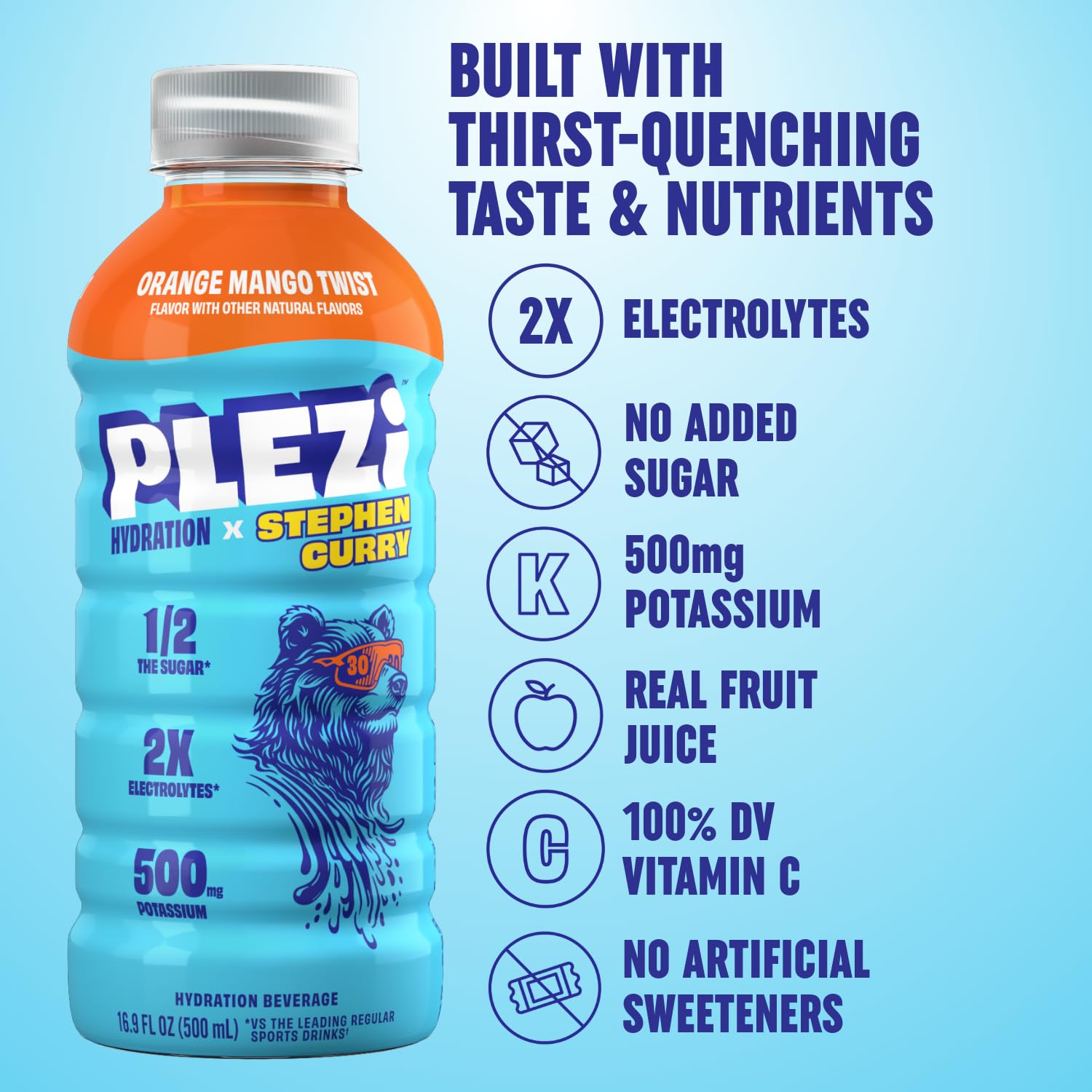 Plezi Orange Mango Twist in a glass, ready for a refreshing break after workouts.