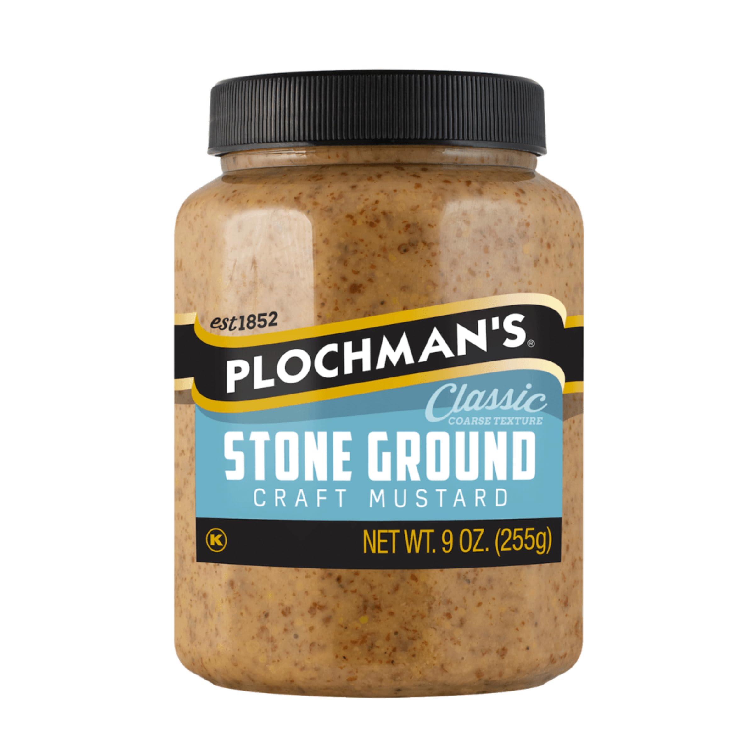 Plochman stone ground mustard bottle pour showcasing rich coarse texture for sandwiches