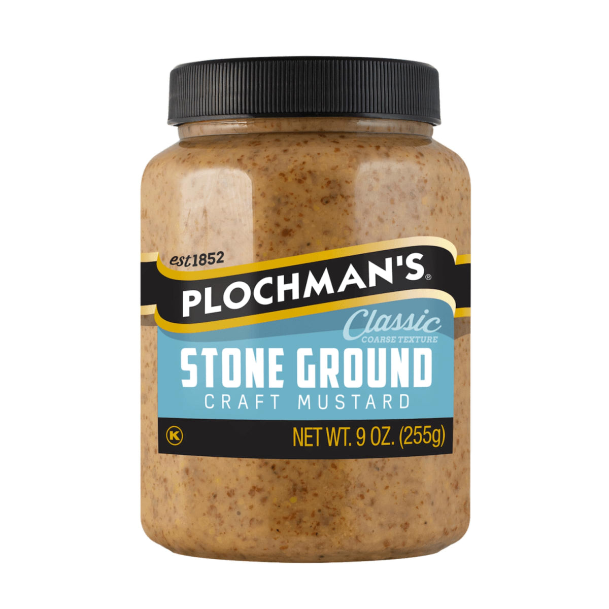 Plochman stone ground mustard bottle pour showcasing rich coarse texture for sandwiches