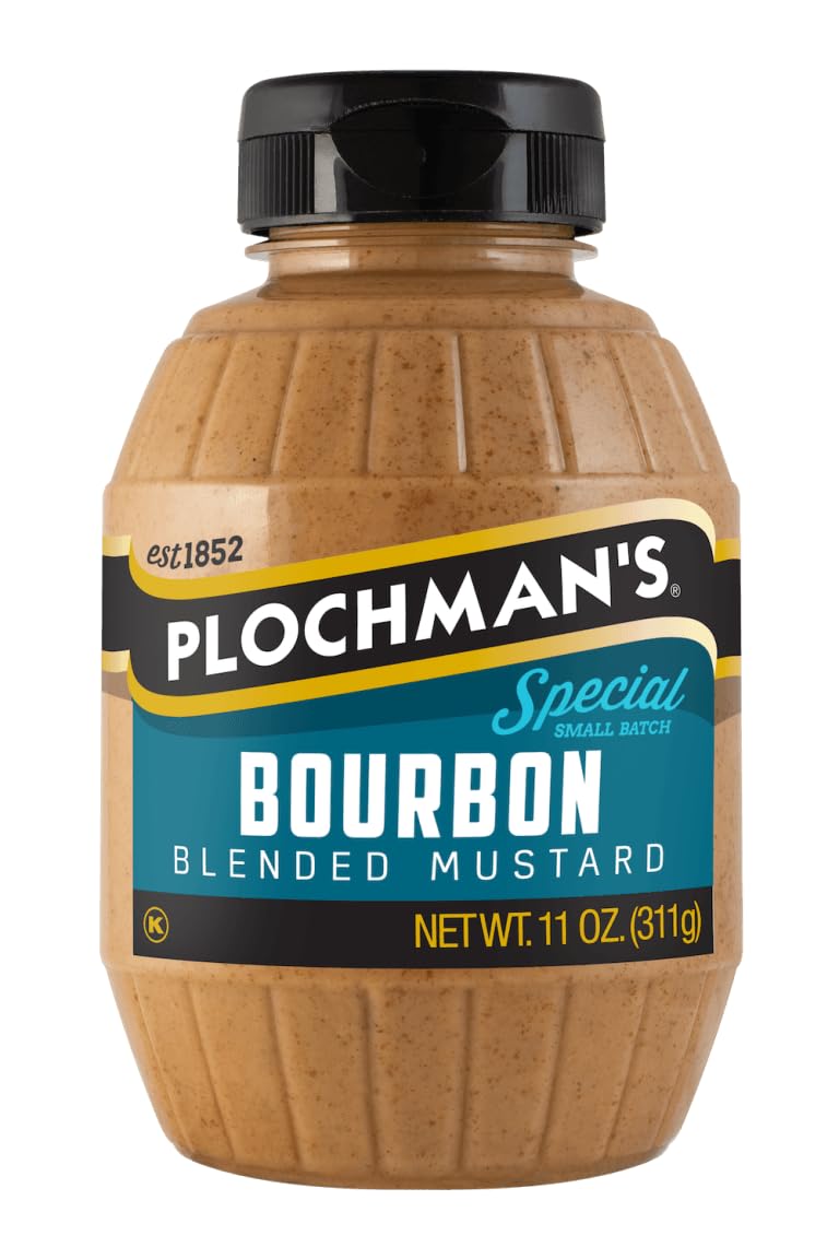Plochman's Bourbon Mustard bottle with bold, sweet flavor for sandwiches