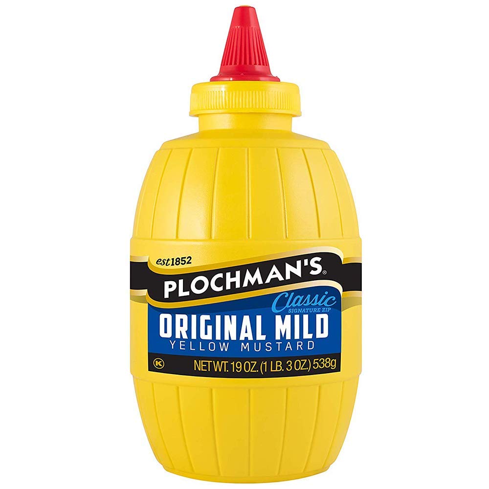 Plochman's Original Mild Yellow Mustard bottle front view, perfect for everyday sandwiches.
