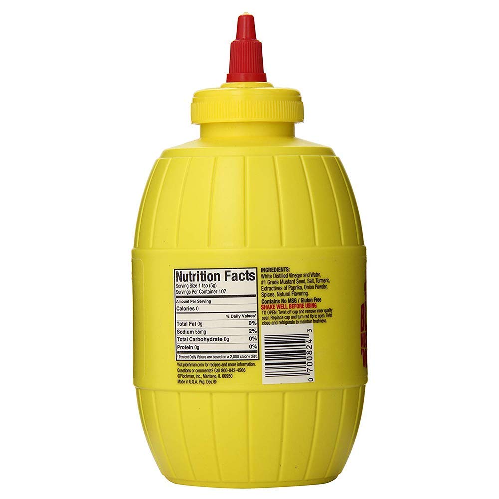 Plochman's Original Mild Yellow Mustard bottle pour, showcasing smooth texture for hot dogs.