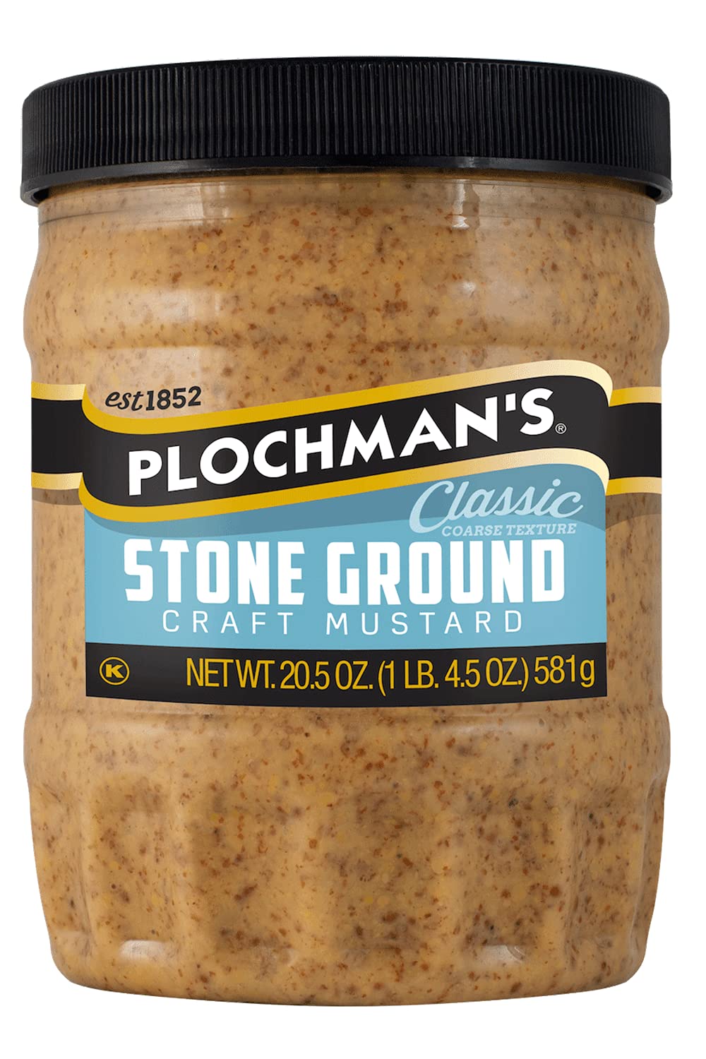 Plochman's Premium Mustard stone-ground bottle pour enhances grilled dishes with bold tang.