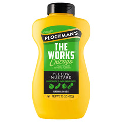 Plochman's The Works Mustard 15oz bottle pouring onto a Chicago-style hot dog.