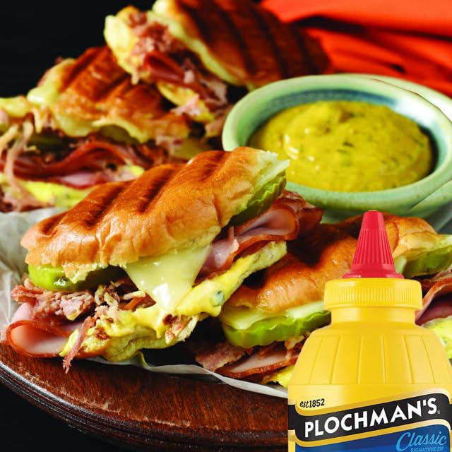 Plochman's yellow mild mustard dispensing jar for quick flavor boosts during meals.
