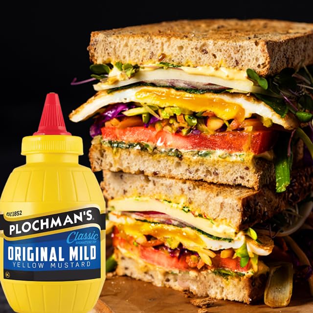Plochman's yellow mild mustard with hot dog bun adds a classic pairing.