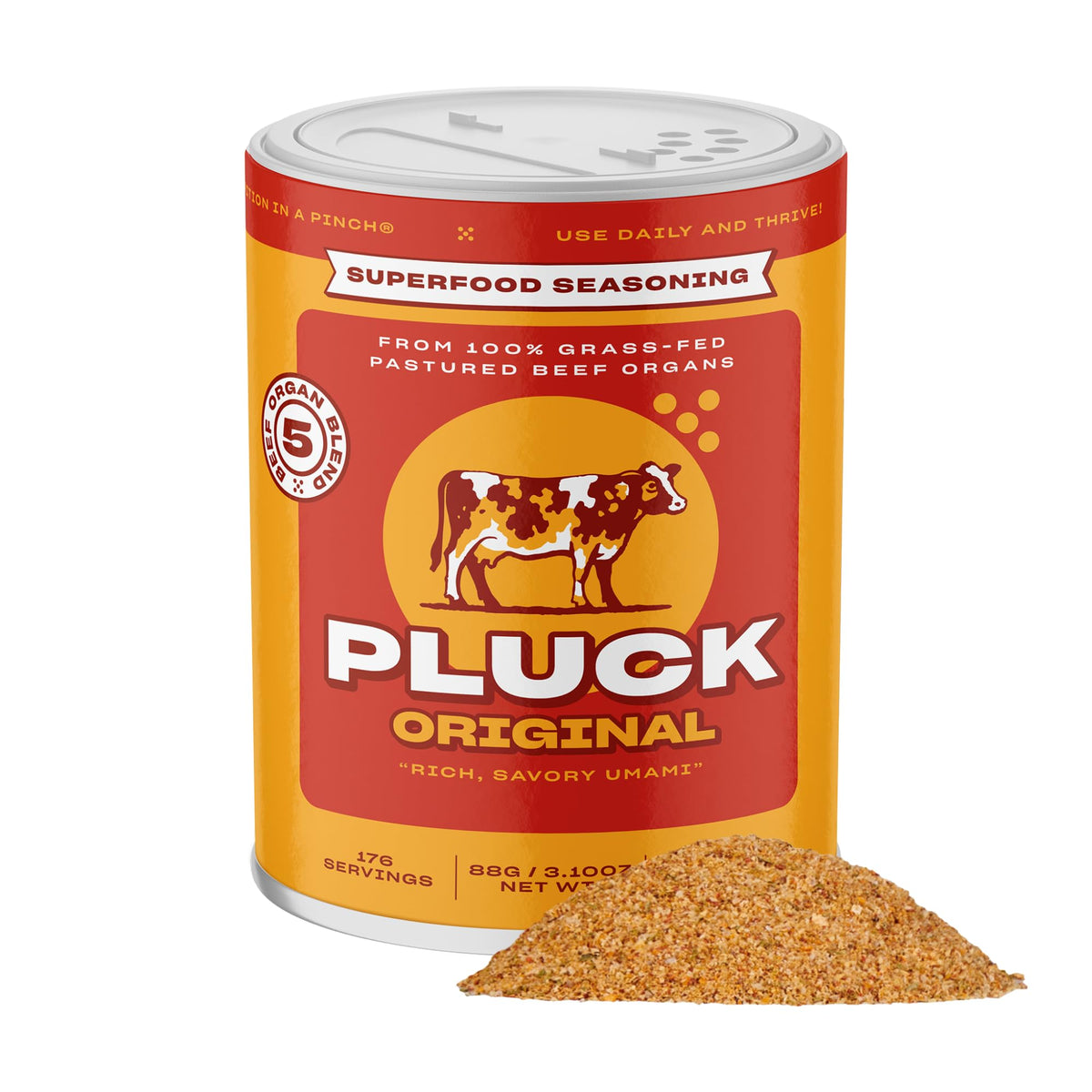 PLUCK Original Organ Meat Blend bottle pour shows easy seasoning for meals.