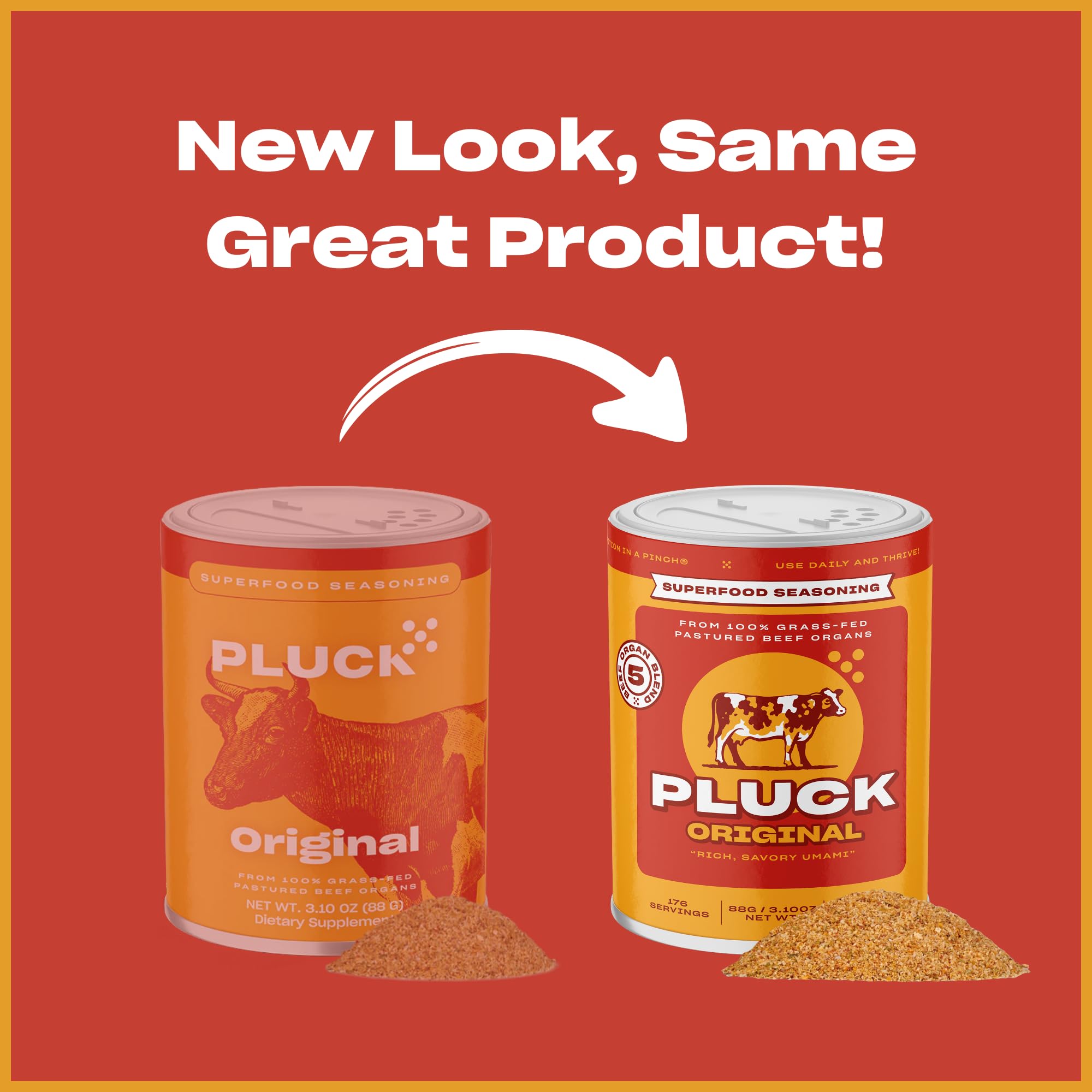 PLUCK bottle label packaging highlights grass-fed sourcing from New Zealand.