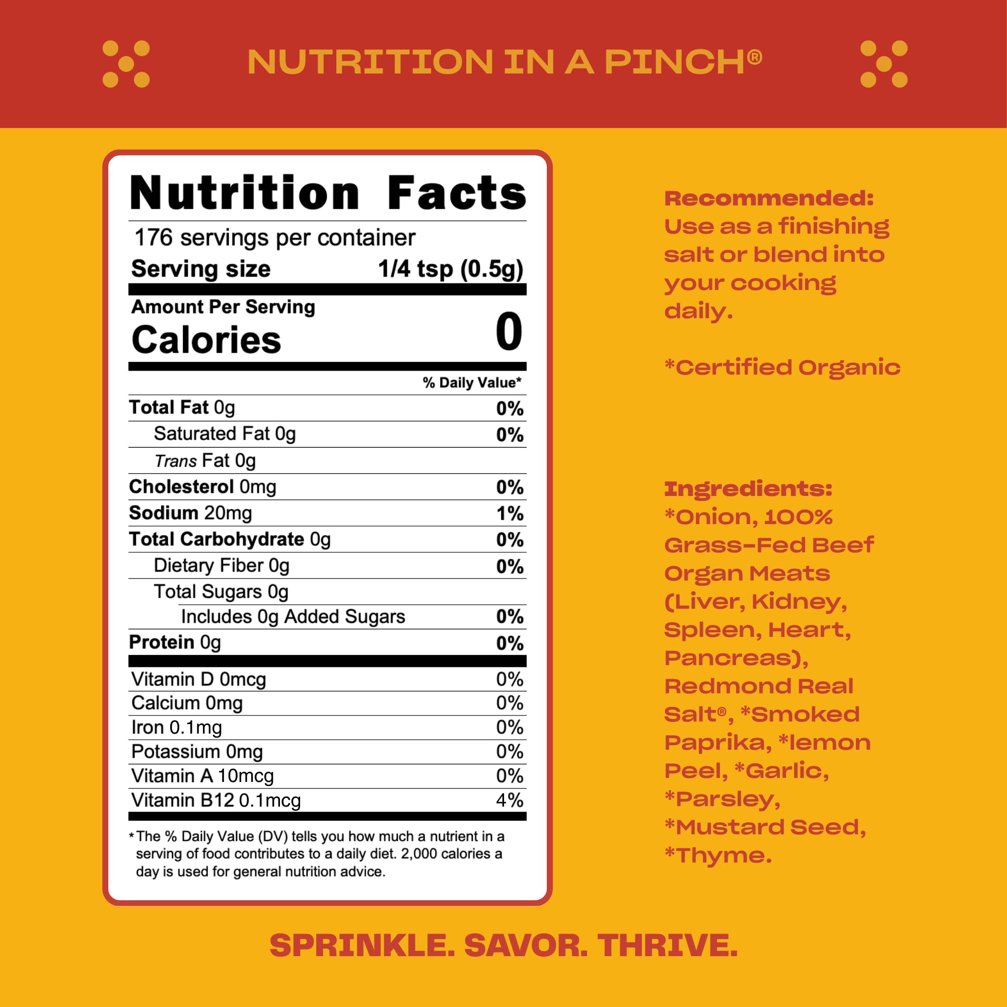 PLUCK Original Organ Meat Blend spice jar closeup emphasizes a convenient pantry staple.