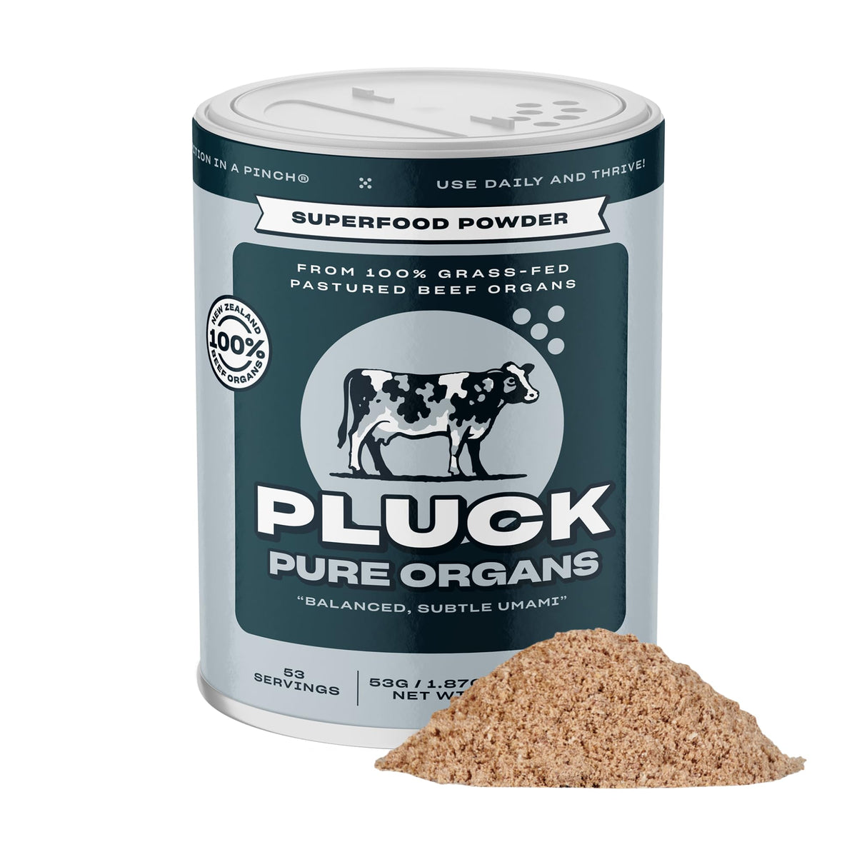 PLUCK Pure Beef Organs bottle front view for convenient daily nutrition