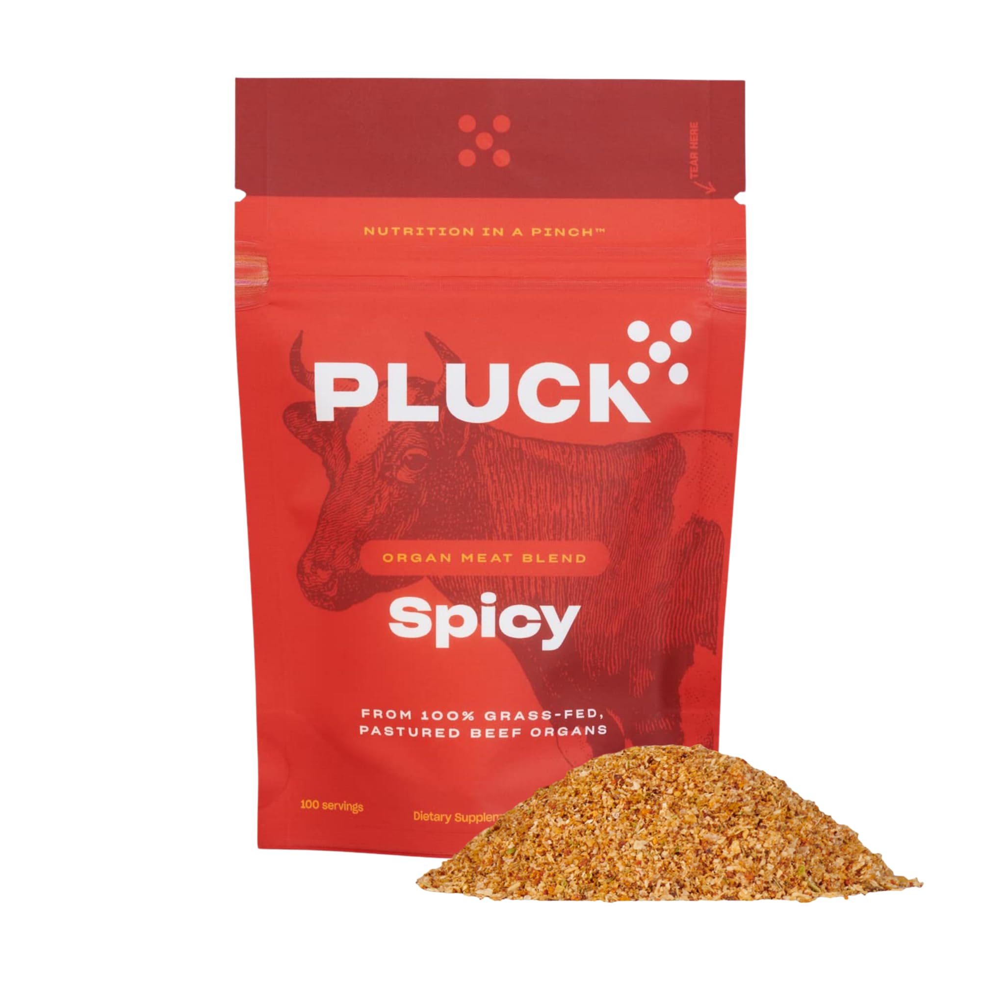 PLUCK Southwest Spicy Mild organ blend bottle enhances meals with nutrient-dense powder.