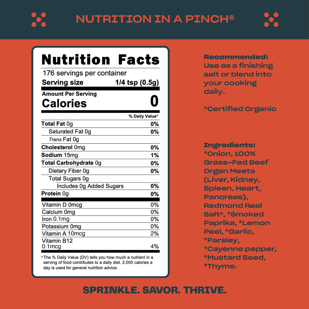 PLUCK Southwest Spicy Mild organ blend label highlights grass-fed ingredients for nutrition.