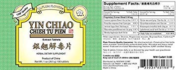 Plum Flower Yin Chiao Chieh Tu packaging highlighting ingredients and dosage