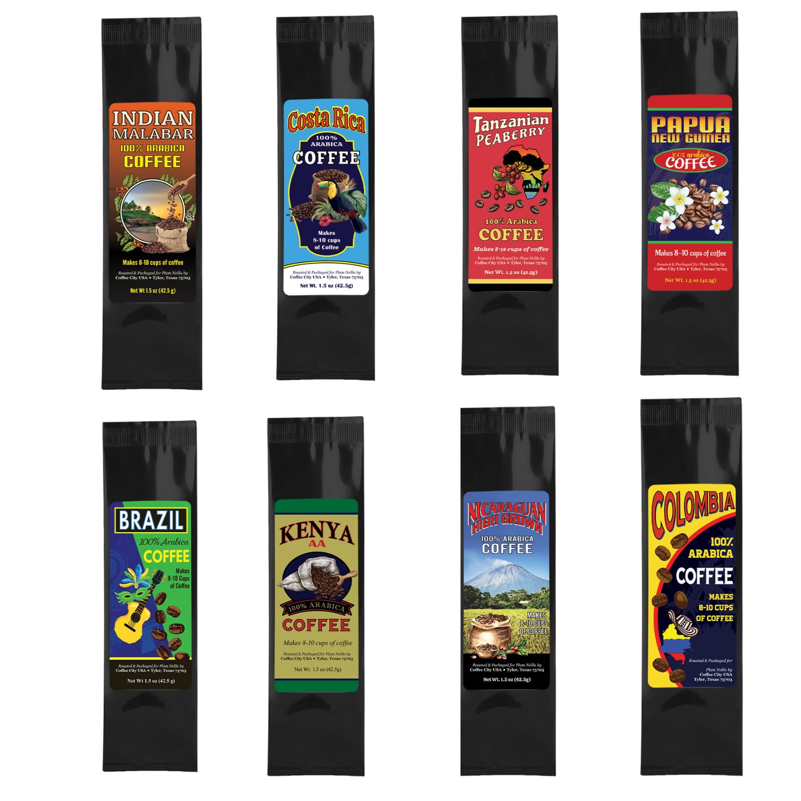 Plum Nellie eight-bag sampler highlighting global flavors for tasting at home.