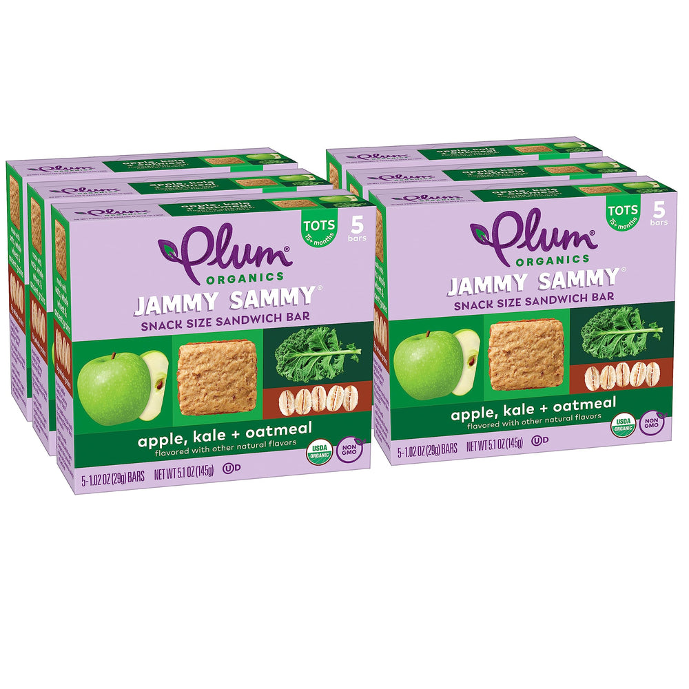 Plum Organics Jammy Sammy bar front view with apple and kale, toddler-friendly snack